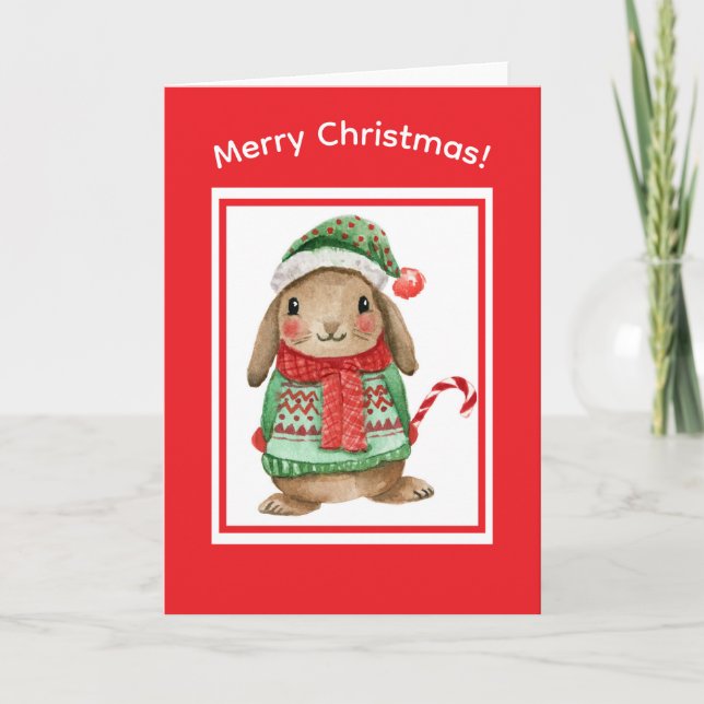 Cute bunny christmas card with candy cane helgkort (Framsida)