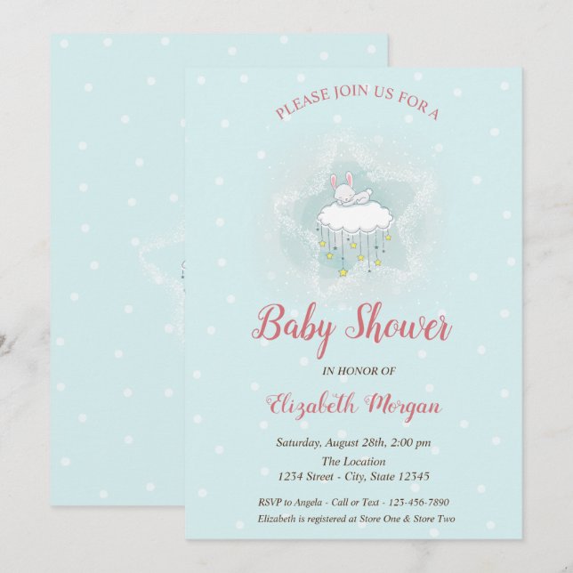Cute Bunny, Cloud, Stars Blue Dots Baby Shower Inbjudningar (Fram/baksida)