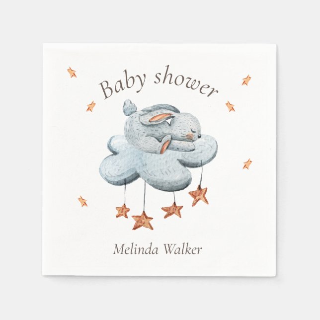 Cute Bunny Clouds and Stars Baby Shower Pappersservett (Framsidan)