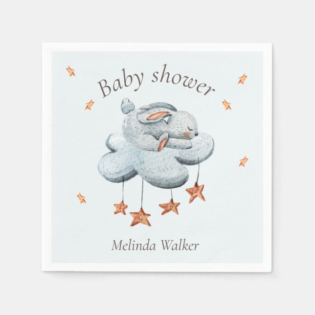 Cute Bunny Clouds och Stars Baby Shower Napkins Pappersservett (Framsidan)