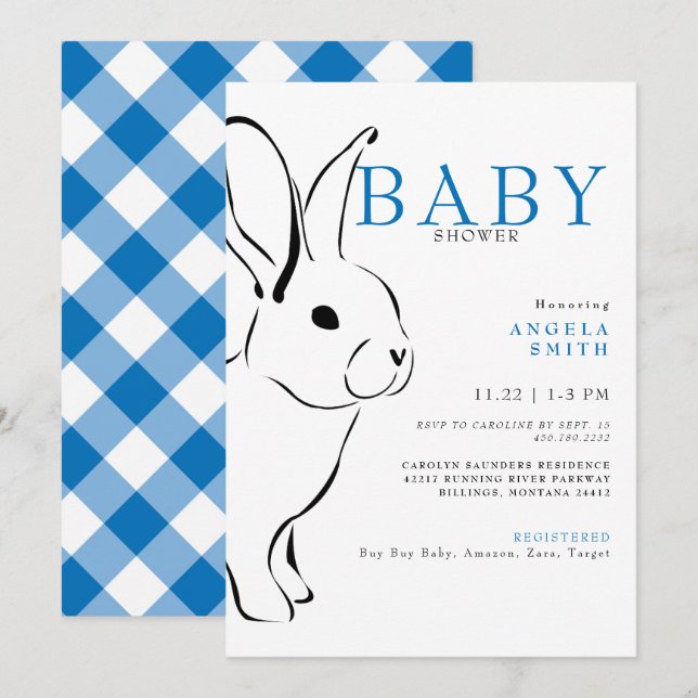 Cute Bunny Cobalt Blue Gingham Baby Shower Inbjudningar (Fram/baksida)