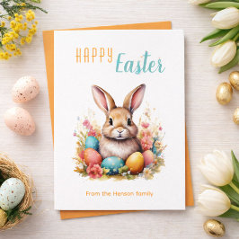 Cute Bunny Colorful Eggs Flowers Happy Easter Helgkort