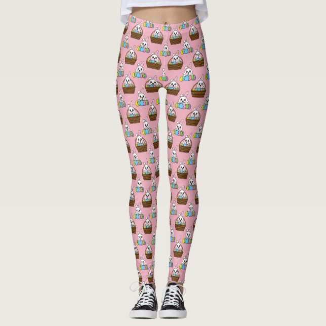 Cute Bunny Colorful Påskägg Hunt Basket Mönster Leggings (Framsida)