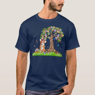 Cute Bunny Corgi Hund med Påskägg Träd Lycklig E T Shirt
