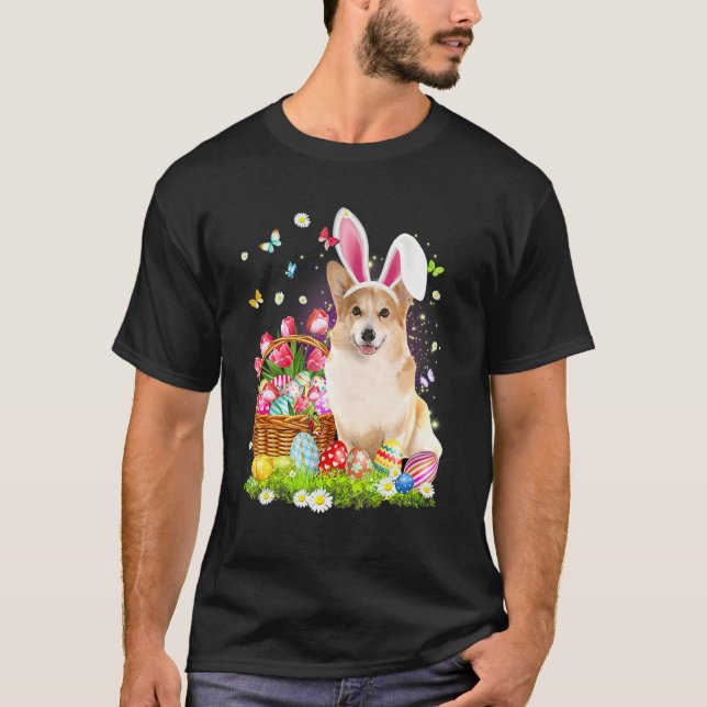 Cute Bunny Corgi Hund Påskägg Basket Påsk T Shirt (Framsida)