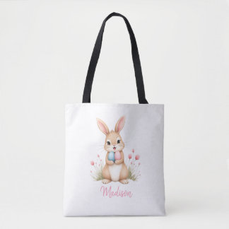 Cute bunny, custom name Easter egg hunt tote bag. Tygkasse