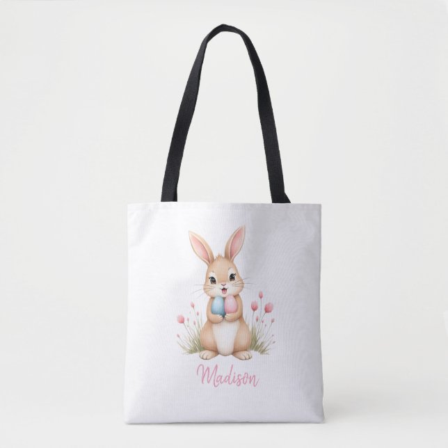 Cute bunny, custom name Easter egg hunt tote bag. Tygkasse (Framsida)