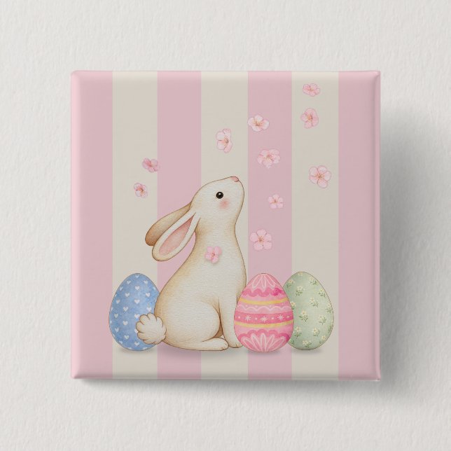 Cute Bunny Easter Eggs and Pink Stripes Button Knapp (Framsida)