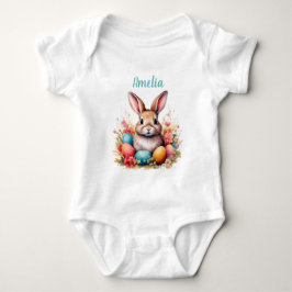 Cute Bunny Eggs Flowers Happy Easter Name T Shirt