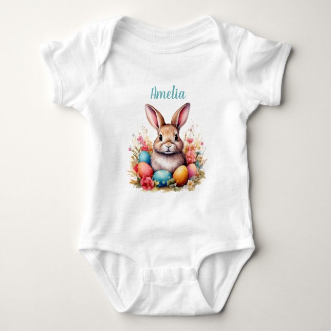 Cute Bunny Eggs Flowers Happy Easter Name T Shirt (Framsida)