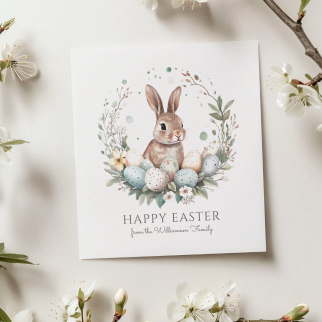 Cute Bunny Eggs Garland Wandeand Personlig Påsk Kort (Personalize with family name, editable message on reverse.  Matching items available)