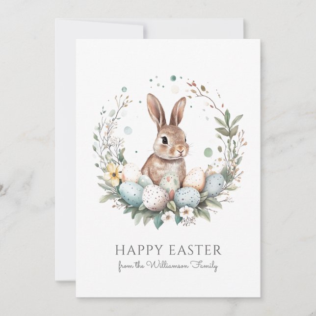 Cute Bunny Eggs Garland Wreath Personalized Easter Julkort (Framsida)
