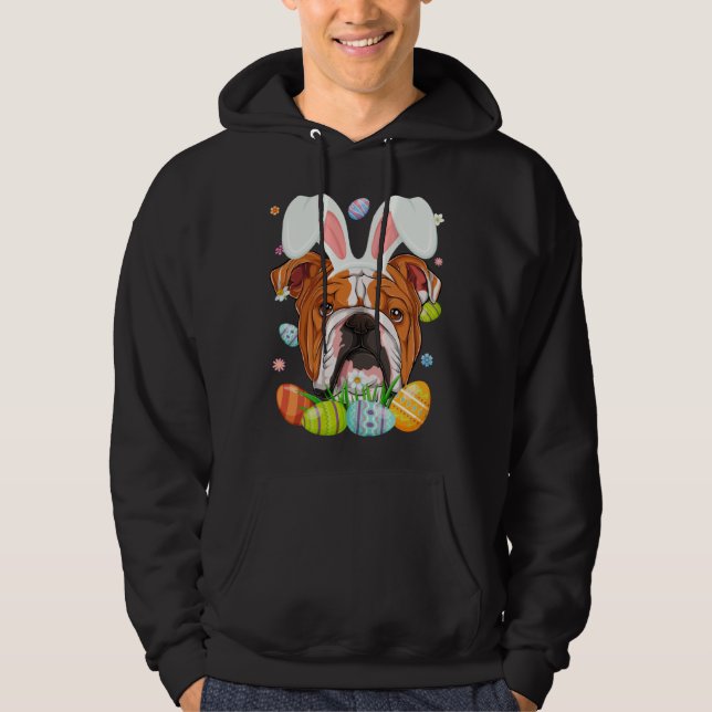 Cute Bunny English Bulldog Dog Head & Easter Egg E Hoodie (Framsida)