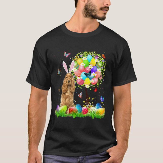 Cute Bunny English Cocker Spaniel Easter Eggs Tree T Shirt (Framsida)