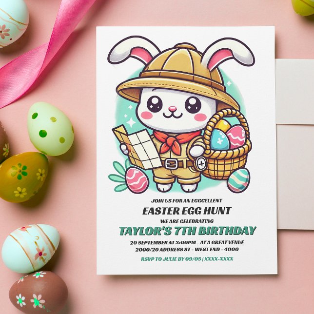 Cute Bunny Explorer-Påskägget Hunt Birthday Inbjudningar (Invite friends and family to an eggcellent Birthday Easter egg hunt with this adorable invitation.)