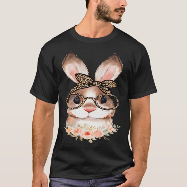 Cute Bunny Face Floral  Leopard Print Glasses EAST T Shirt (Framsida)