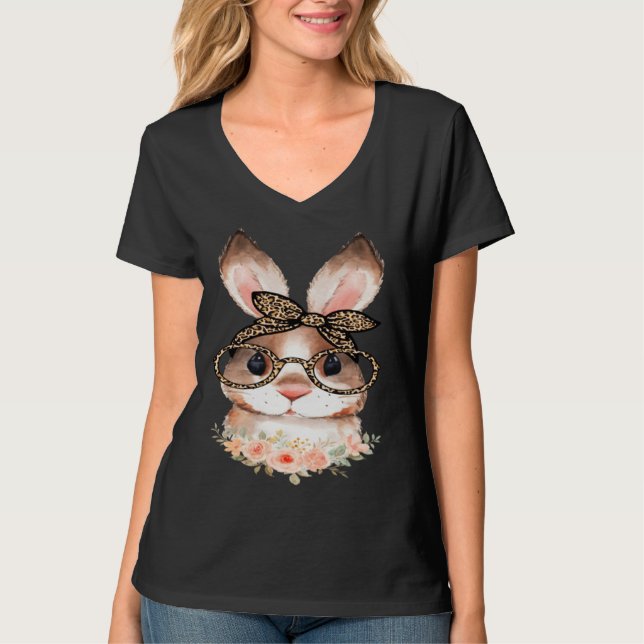 Cute Bunny Face Floral  Leopard Print Glasses EAST T Shirt (Framsida)