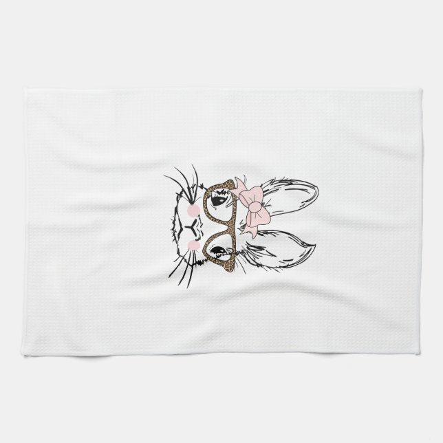 Cute Bunny Face Shirt Leopard Print Glasses EASTER Kökshandduk (Horisontell)