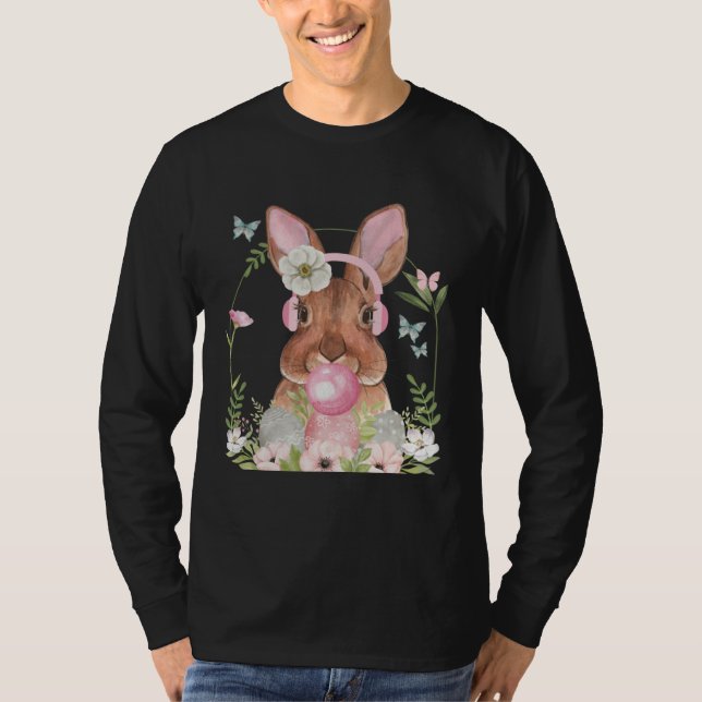 Cute Bunny Face With Bubblegum And Headphones East T Shirt (Framsida)