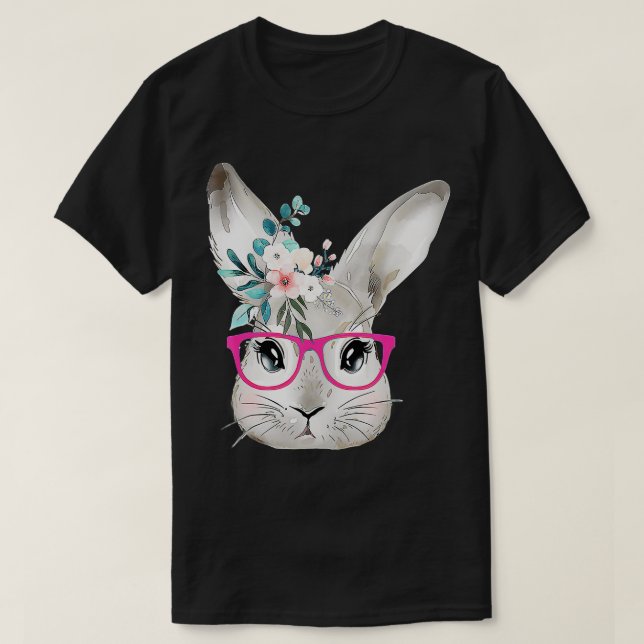 Cute Bunny Face With Floral Pink Glasses, Easter R T Shirt (Design framsida)