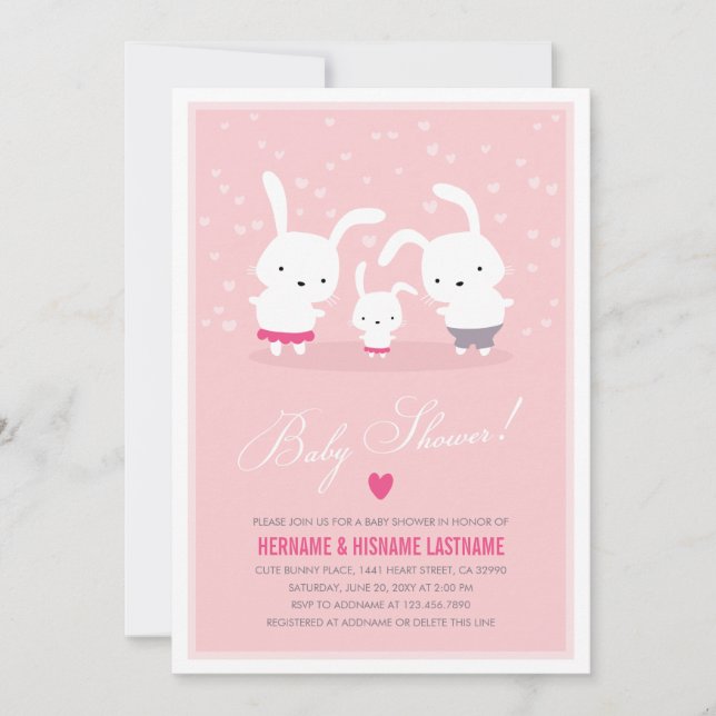 Cute Bunny Family Rosa Par Baby Shower Girl Inbjudningar (Framsida)