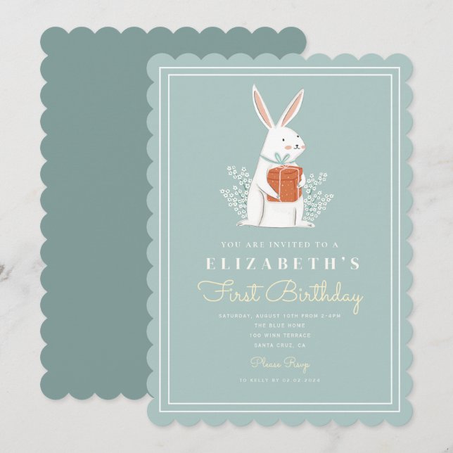 Cute Bunny First Birthday 1 Birthday Turone Inbjudningar (Fram/baksida)