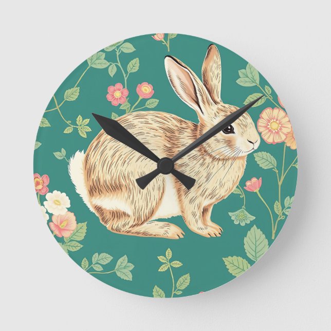 Cute Bunny Floral Teal Pattern Rund Klocka (Framsida)