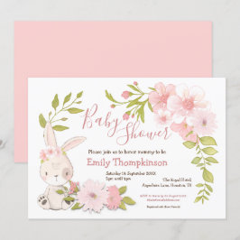 Cute Bunny Flowers Löv Ram Girl Baby Shower Inbjudningar