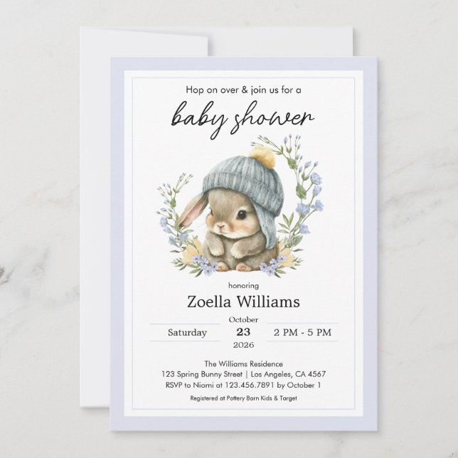 Cute Bunny Flowers Spring Baby Shower Invitation (Framsida)