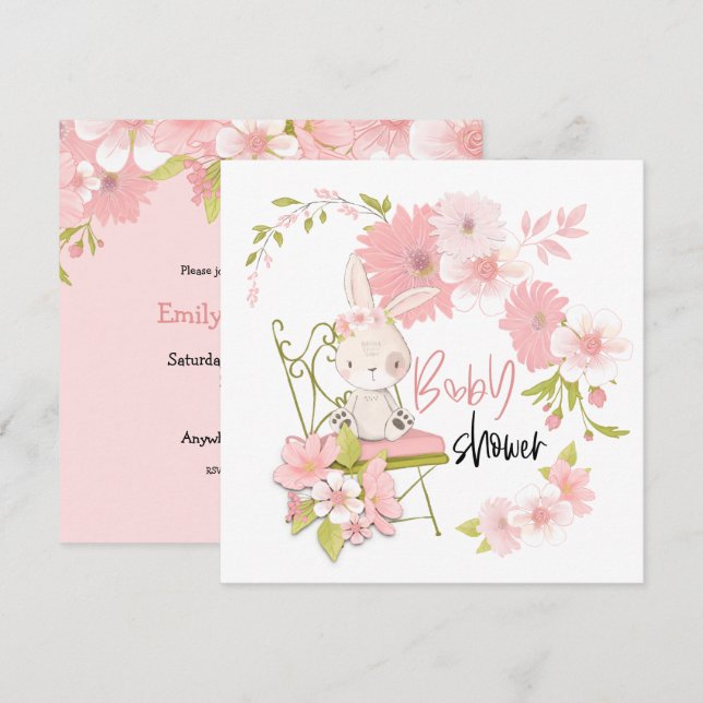Cute Bunny Flowers White Rosa Girl Baby Shower Inbjudningar (Fram/baksida)