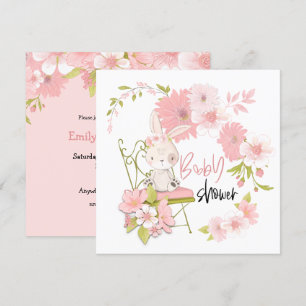 Cute Bunny Flowers White Rosa Girl Baby Shower Inbjudningar