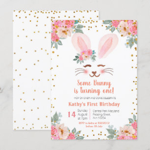 Cute Bunny första födelsedag - blommigt för flicko Inbjudningar
