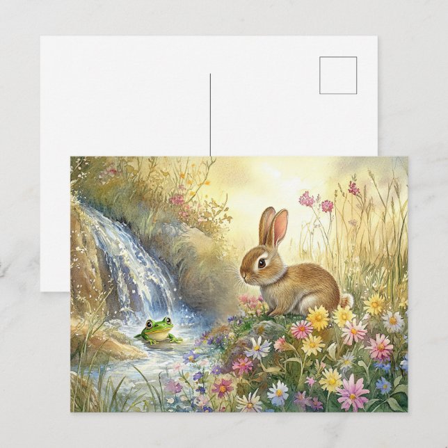 Cute Bunny Frog Waterfall Postcard Vår Woodland Vykort (Fram/baksida)