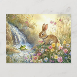 Cute Bunny Frog Waterfall Postcard Vår Woodland Vykort
