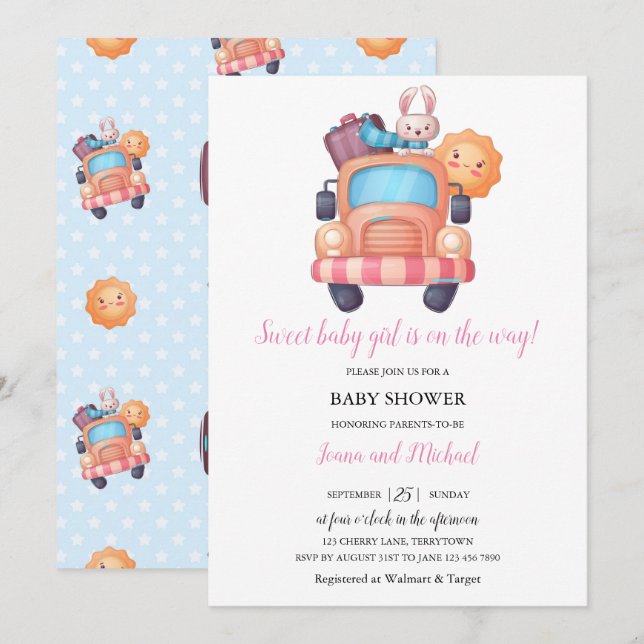 Cute Bunny Girl Baby Shower Inbjudningar (Fram/baksida)