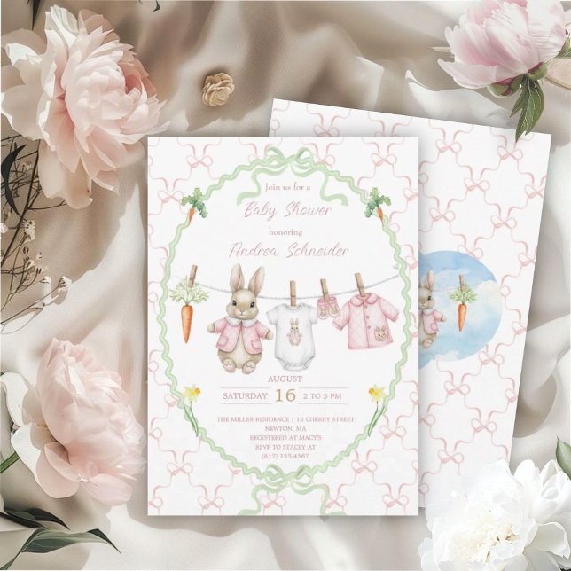 Cute Bunny Girl Clothesline Baby Shower  Inbjudningar (Skapare uppladdad)