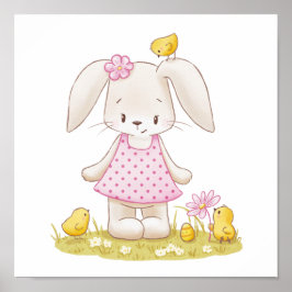 Cute Bunny Girl i Rosa Dress och Kawaii Chickar Poster