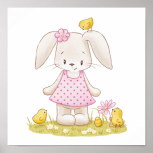 Cute Bunny Girl i Rosa Dress och Kawaii Chickar Poster