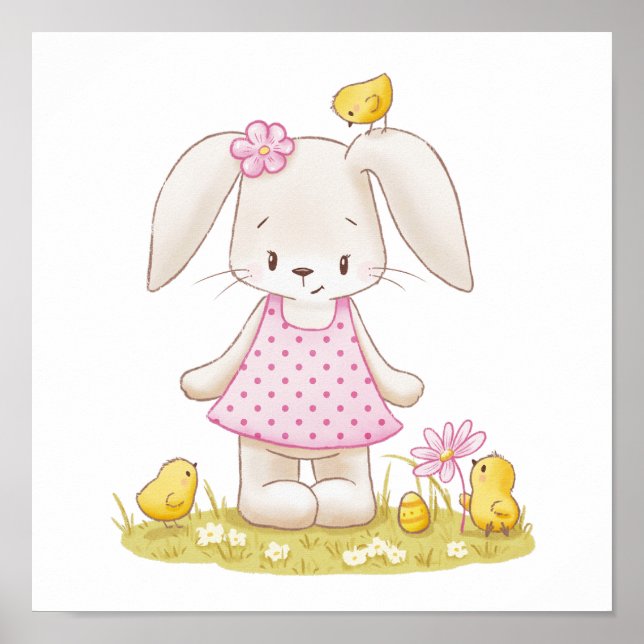 Cute Bunny Girl i Rosa Dress och Kawaii Chickar Poster (Framsidan)