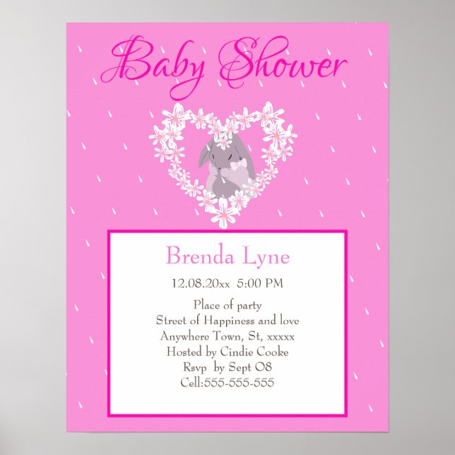 Cute Bunny Girl Rosa Baby Shower-inbjudan Poster (Framsidan)