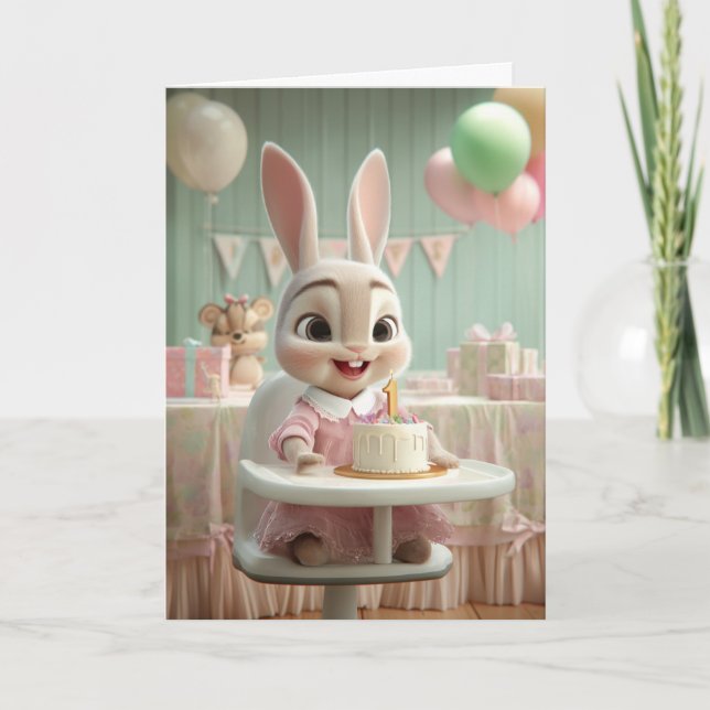 Cute Bunny Girl's First Birthday Smash Cake Kort (Framsida)