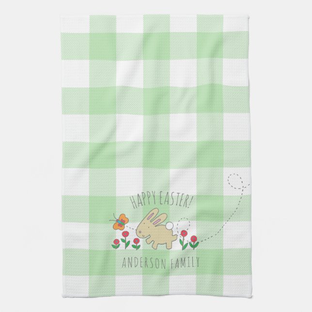 Cute Bunny Glad påsk Rosa Flowers Grönt Plaid Kökshandduk (Vertikal)