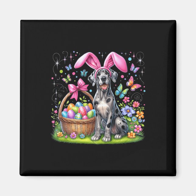 Cute Bunny Great dane Hund Påskägg Basket Easte Magnet (Framsidan)