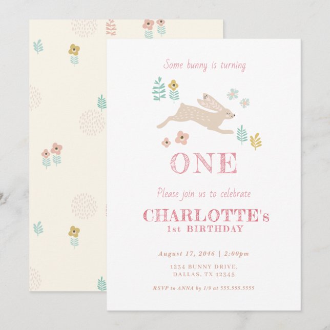 Cute Bunny Gult Blommigt Kid Girl First Birthday Inbjudningar (Fram/baksida)