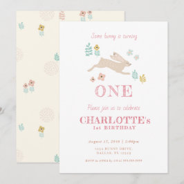 Cute Bunny Gult Blommigt Kid Girl First Birthday Inbjudningar