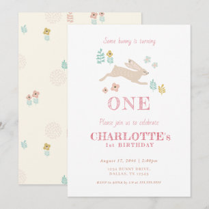 Cute Bunny Gult Blommigt Kid Girl First Birthday Inbjudningar