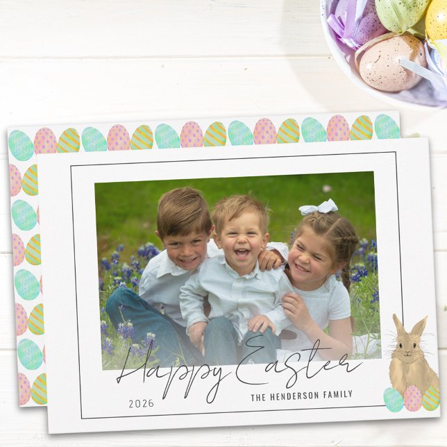 Cute Bunny Happy Easter Photo Julkort (Watercolor Easter bunny and eggs happy Easter photo holiday flat card)