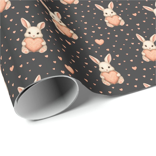 Cute Bunny Heart Pattern on Dark Charcoal Presentpapper (Rullad Hörn)