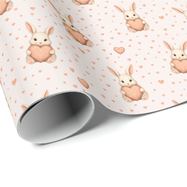 Cute Bunny Heart Pattern on Soft Blush Presentpapper (Rullad Hörn)
