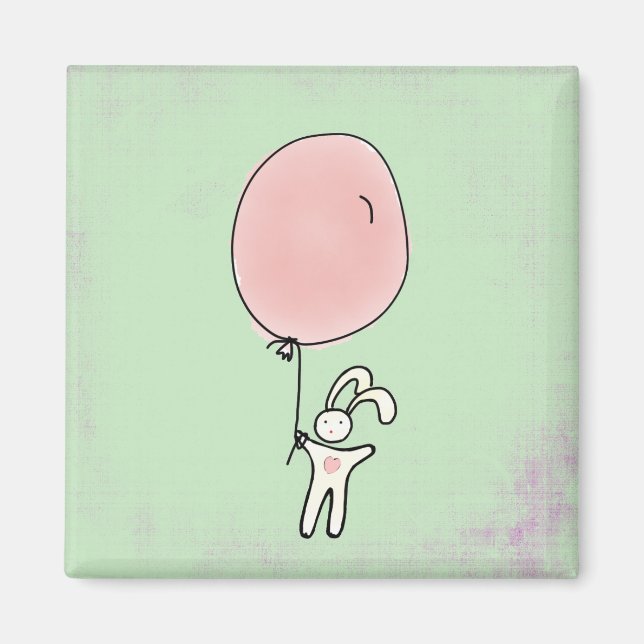 Cute Bunny Holding a Balloon Illustration Magnet (Framsidan)